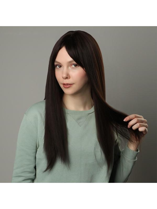 Парик искусственный, с чёлкой, имитация кожи, 60 см, цвет каштановый