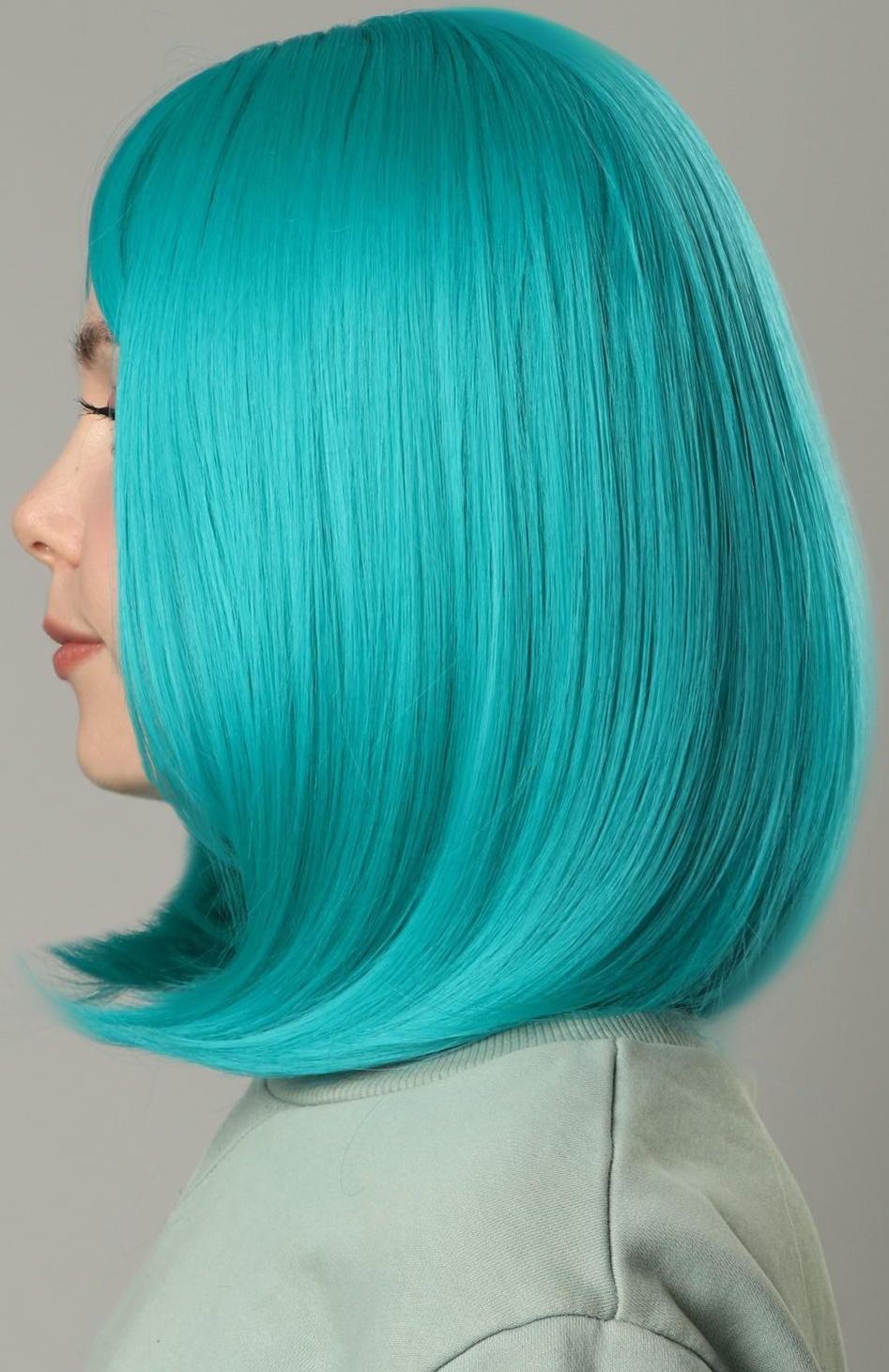 Парик искусственный, с чёлкой, имитация кожи, 30 см, цвет бирюзовый(#SHT127)