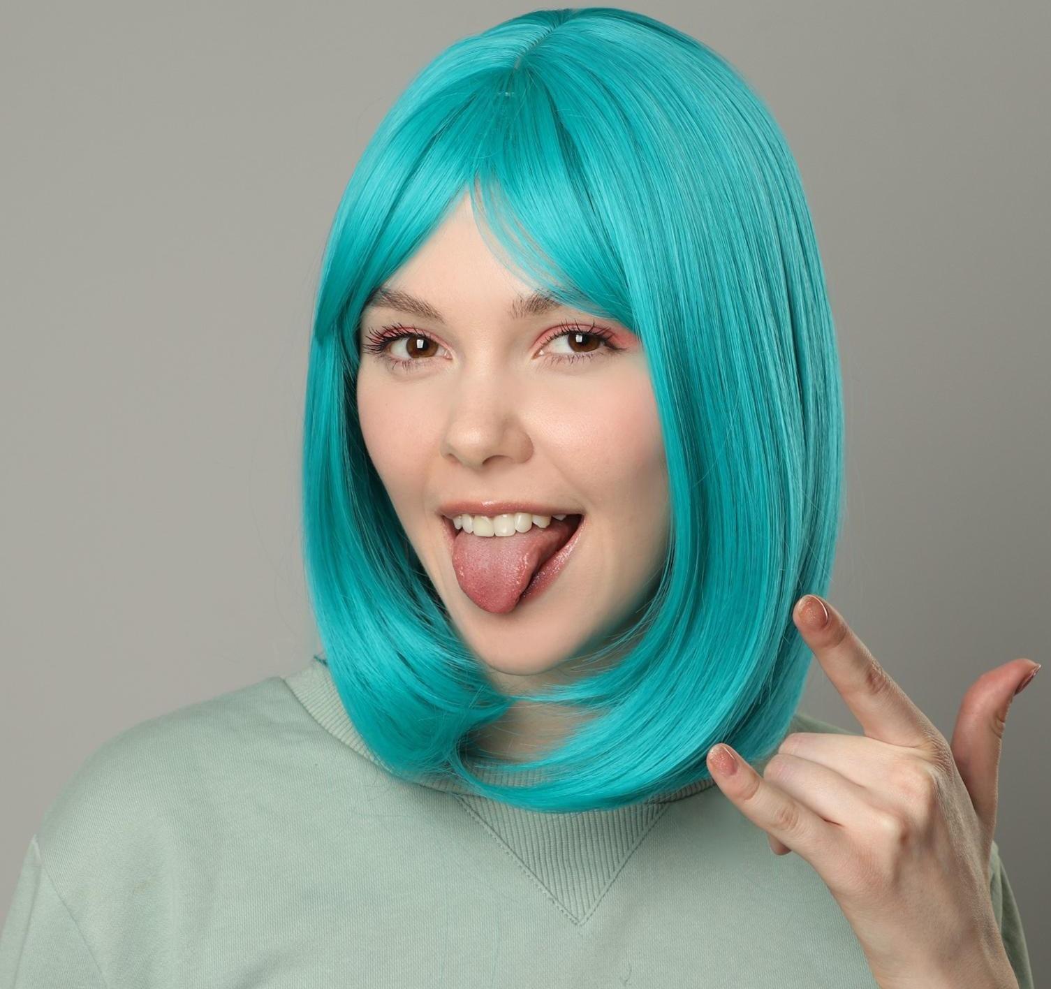 Парик искусственный, с чёлкой, имитация кожи, 30 см, цвет бирюзовый(#SHT127)