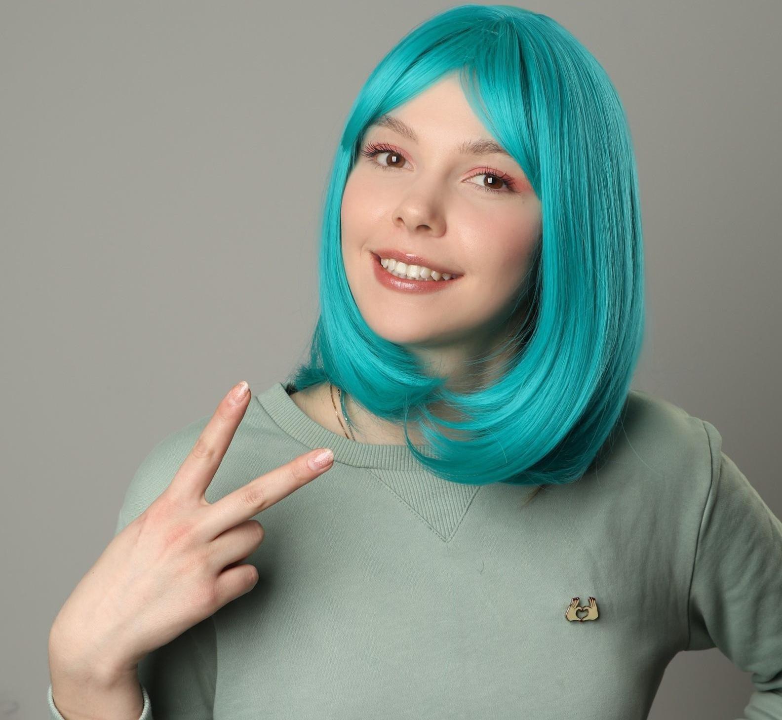 Парик искусственный, с чёлкой, имитация кожи, 30 см, цвет бирюзовый(#SHT127)