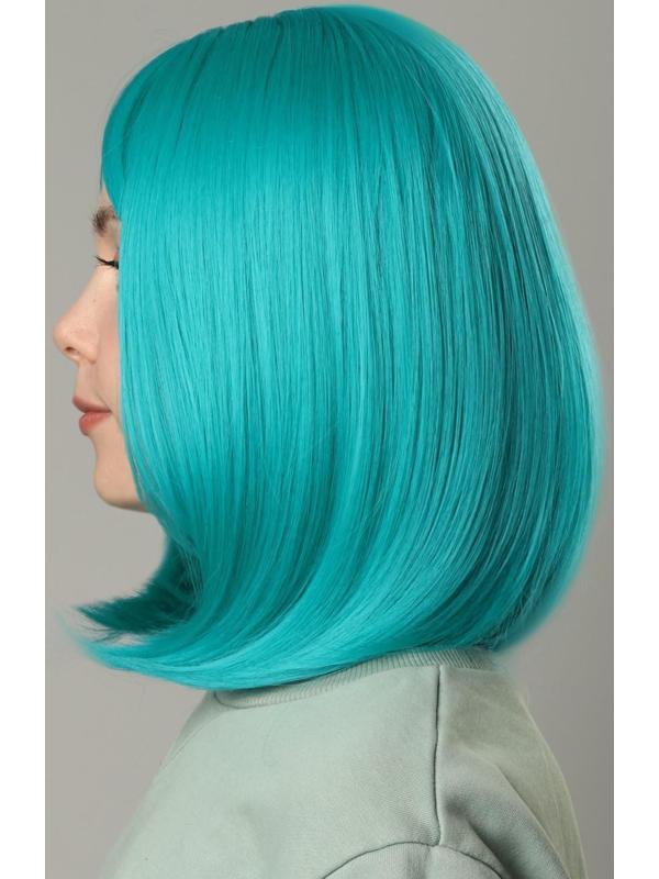 Парик искусственный, с чёлкой, имитация кожи, 30 см, цвет бирюзовый(#SHT127)