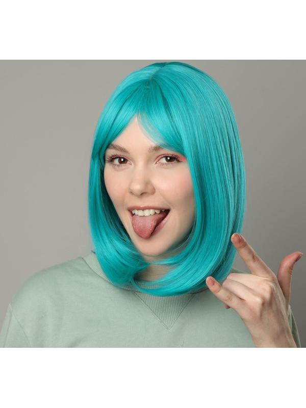 Парик искусственный, с чёлкой, имитация кожи, 30 см, цвет бирюзовый(#SHT127)