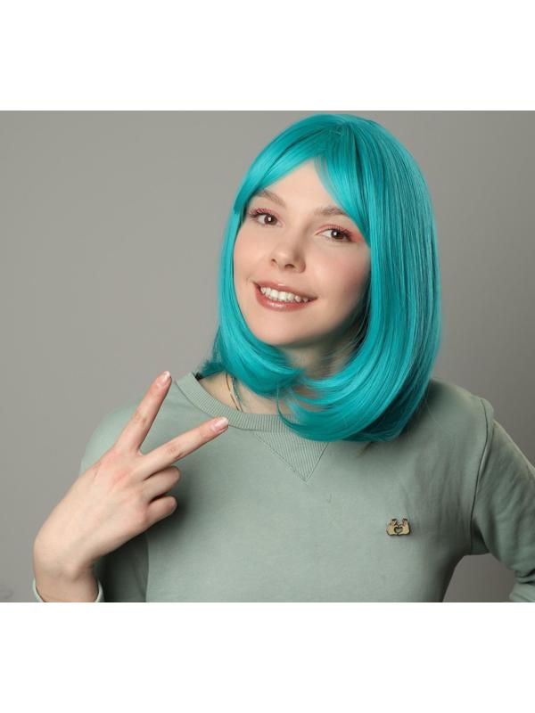 Парик искусственный, с чёлкой, имитация кожи, 30 см, цвет бирюзовый(#SHT127)