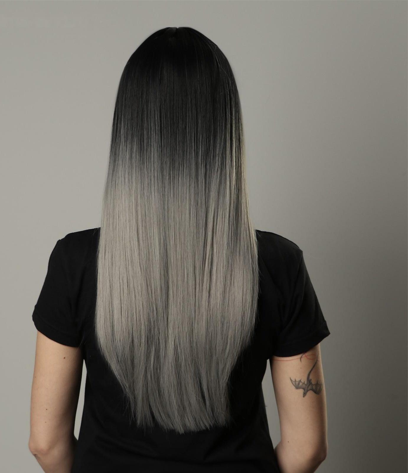 Парик искусственный, с чёлкой, имитация кожи, 60 см, цвет чёрный/пепельный