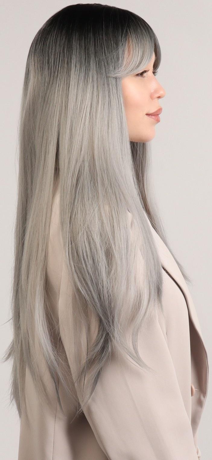 Парик искусственный, с чёлкой, имитация кожи, 60 см, цвет чёрный/пепельный