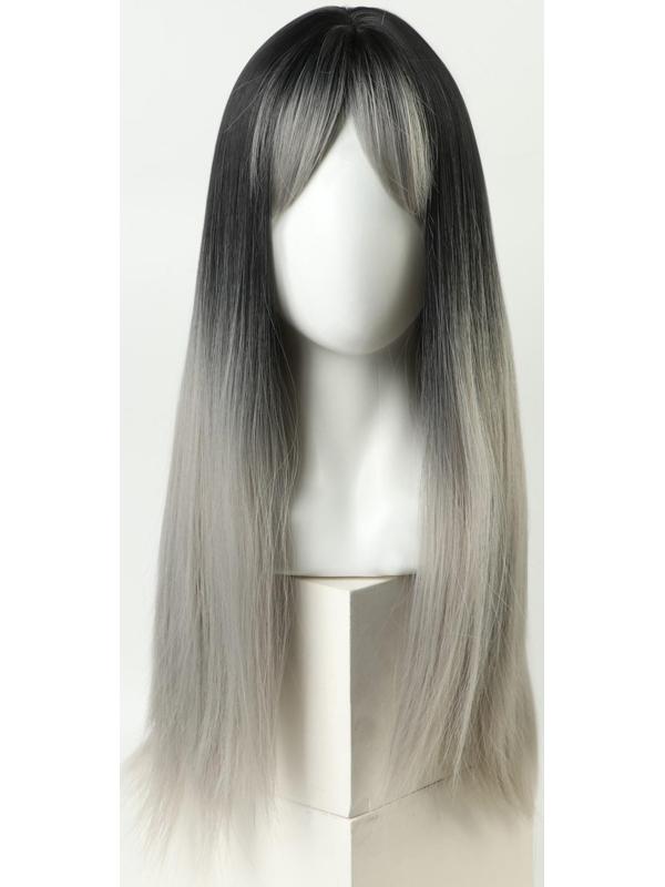 Парик искусственный, с чёлкой, имитация кожи, 60 см, цвет чёрный/пепельный