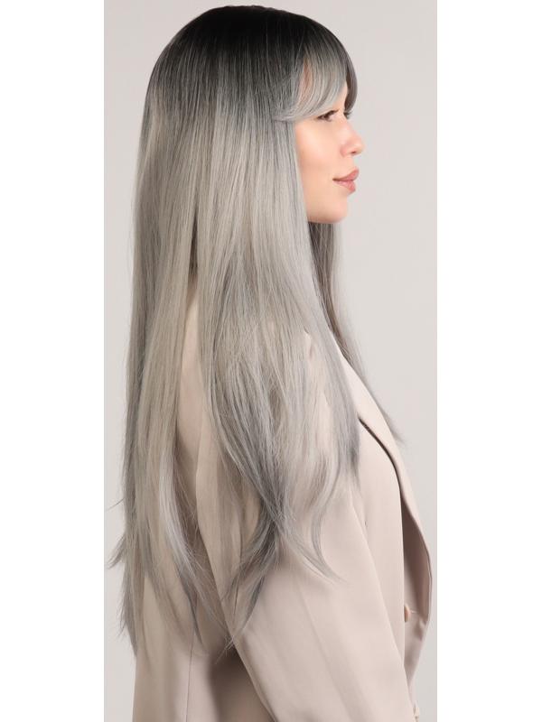 Парик искусственный, с чёлкой, имитация кожи, 60 см, цвет чёрный/пепельный