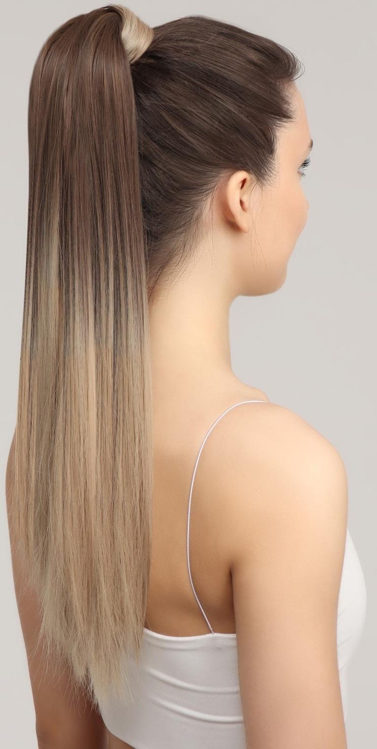 Хвост накладной, прямой волос, на резинке, 60 см, 100 гр, цвет омбре русый/блонд