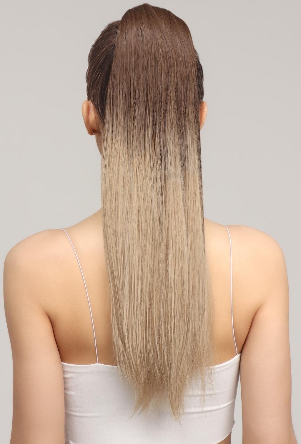 Хвост накладной, прямой волос, на резинке, 60 см, 100 гр, цвет омбре русый/блонд