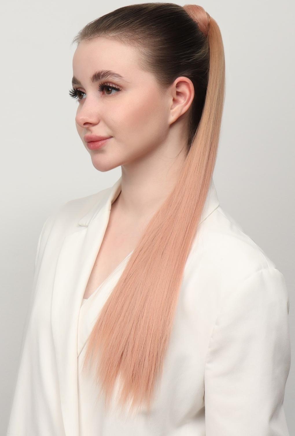 Хвост накладной, прямой волос, на резинке, 60 см, 100 гр, цвет омбре русый/пепельно-розовый
