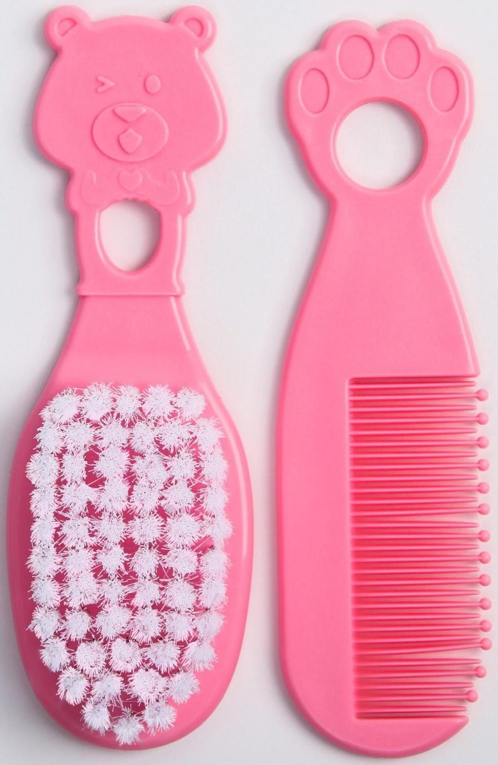 Набор для ухода за волосами: расческа и щетка, «Мишка», цвет розовый
