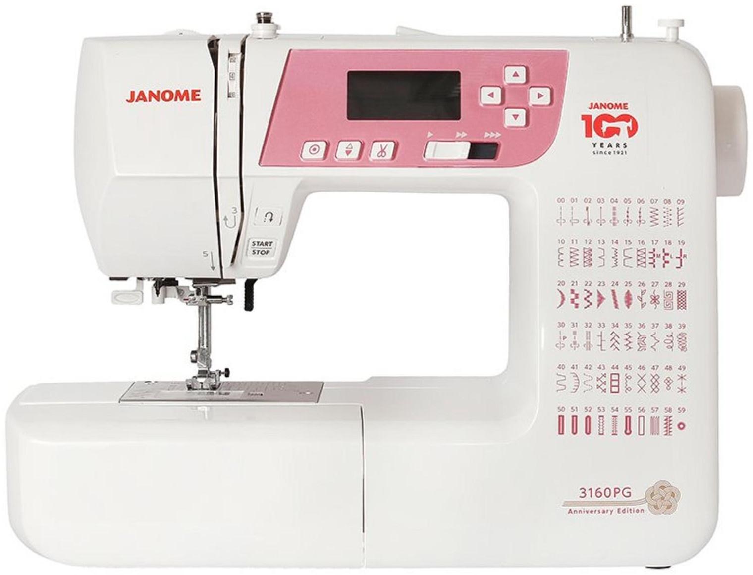Швейная машина Janome 3160 PG, 35 Вт, 60 операций, автомат, белый/розовый