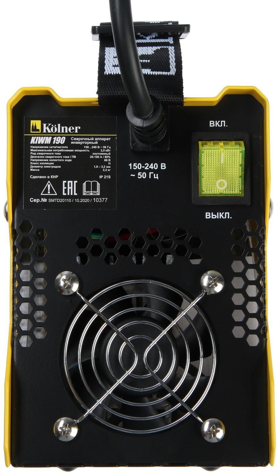 Сварочный аппарат инверторный Kolner KIWM 190, 190 А, 3.5 кВт, 20-190 А, d=1.6-3.2 мм