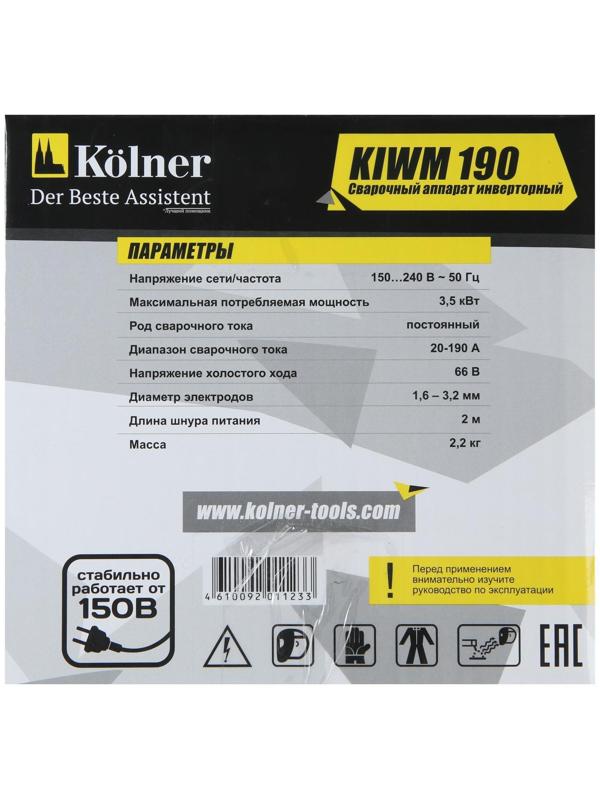 Сварочный аппарат инверторный Kolner KIWM 190, 190 А, 3.5 кВт, 20-190 А, d=1.6-3.2 мм