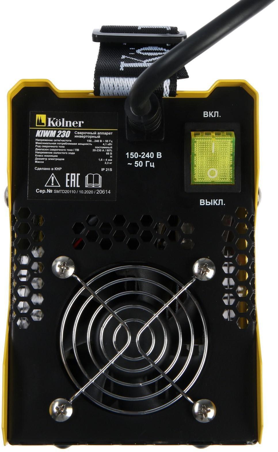 Сварочный аппарат инверторный Kolner KIWM 230, 230 А, 4.1 кВт, 20-230 А, d=1.6-4 мм, ПВ 80%