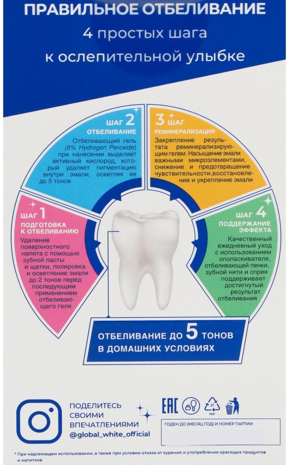 Отбеливающие полоски для зубов Global White Teeth Whitening Strips, 14 саше, 7 пар