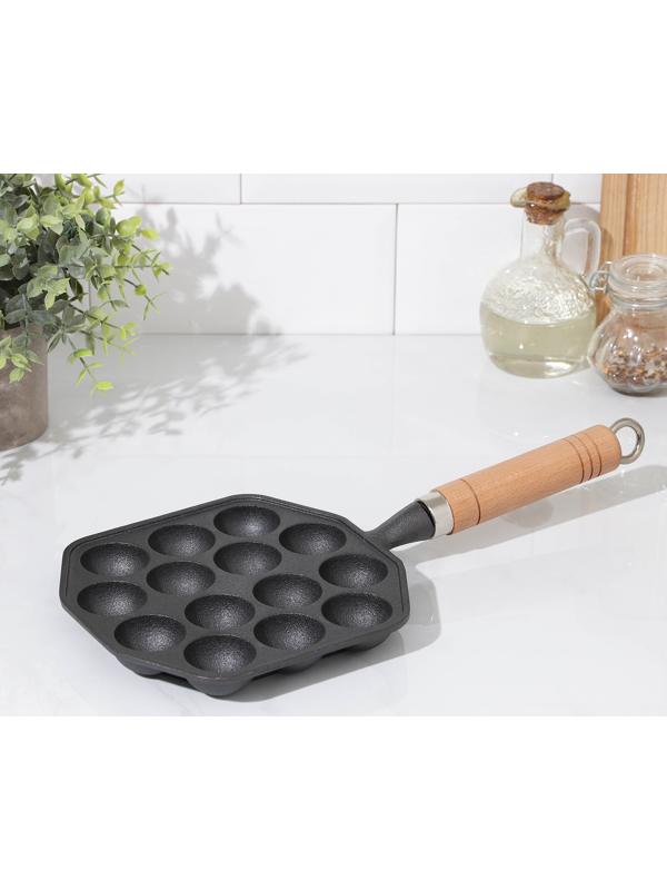 Сковорода чугунная «Сферос», 14 ячеек, 36×17×2,5 см, деревянная ручка