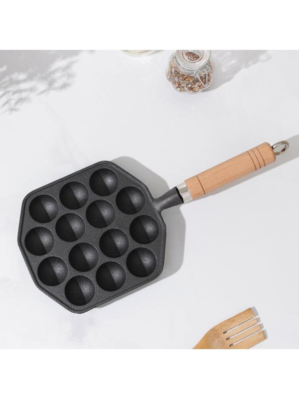 Сковорода чугунная «Сферос», 14 ячеек, 36×17×2,5 см, деревянная ручка