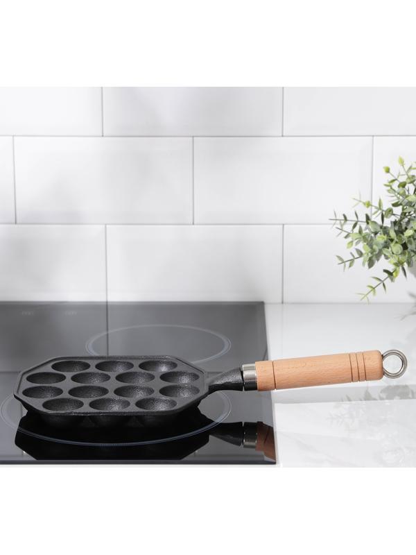 Сковорода чугунная «Сферос», 14 ячеек, 36×17×2,5 см, деревянная ручка