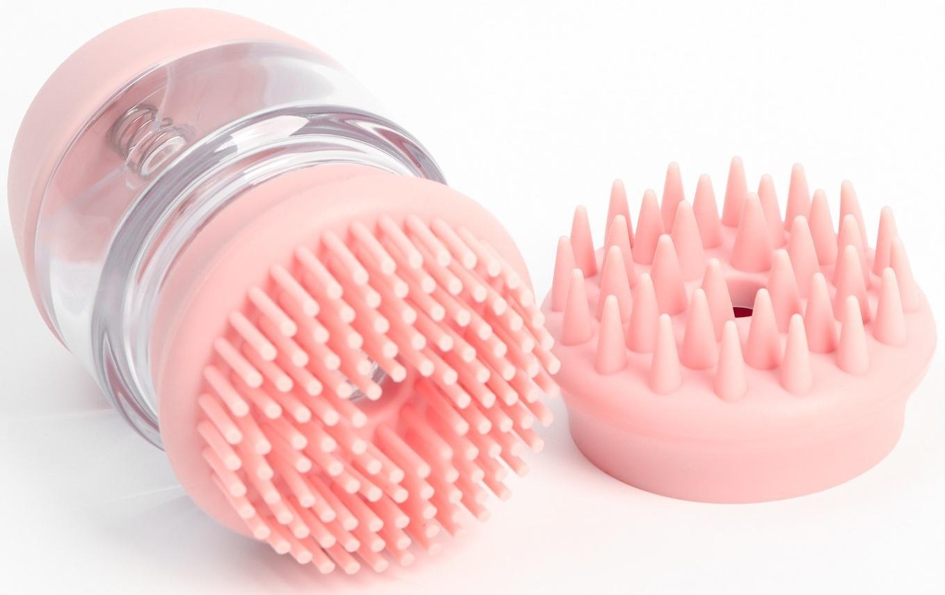 Щётка для мытья и массажа собак с ёмкостью для шампуня и 2 насадками, 5.8х5.8х9 см, розовая   711233