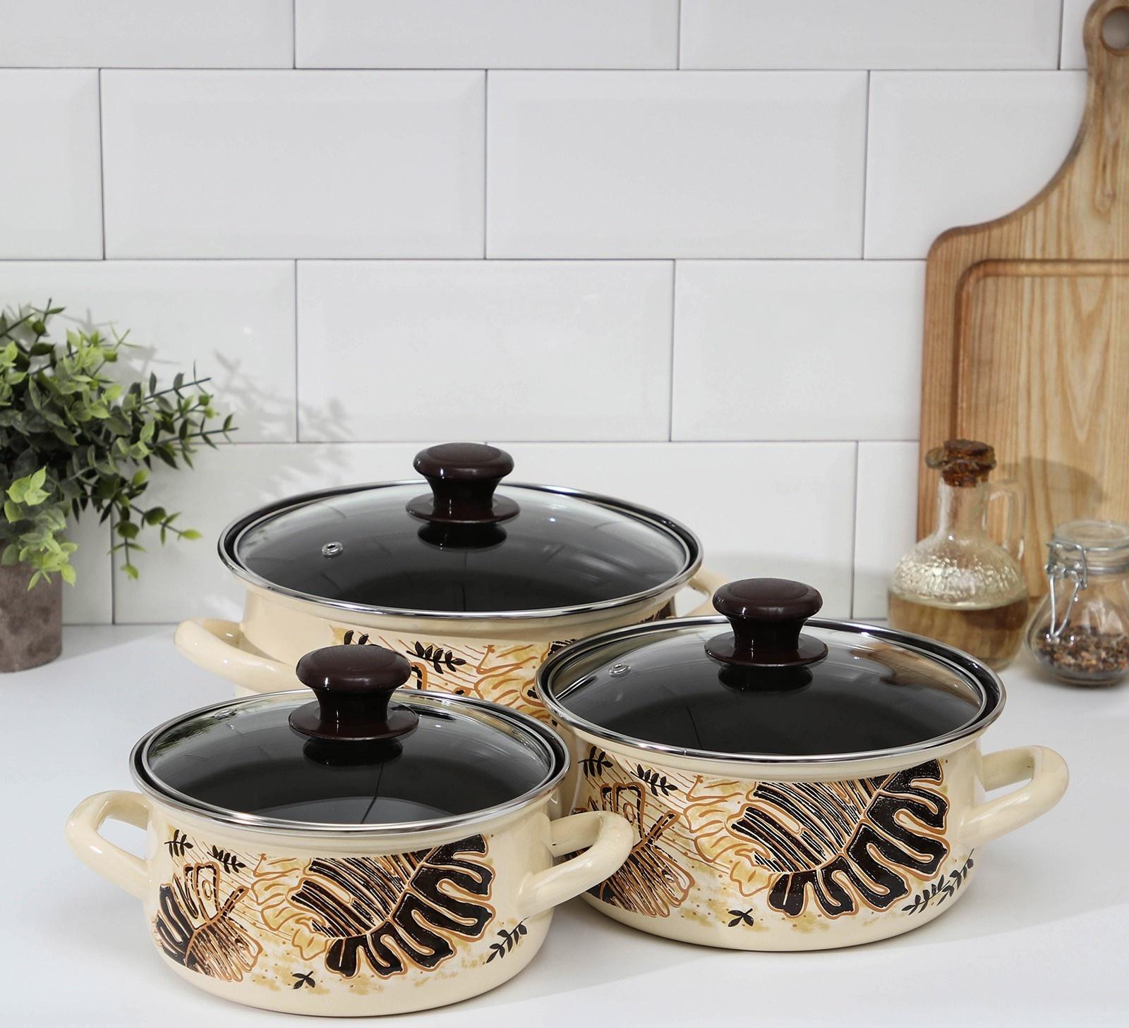 Набор кастрюль «Техас-1-Экстра», 3 предмета: 1,5 л, 2 л, 3 л, крышки, индукция, цвет бежевый