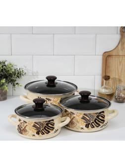 Набор кастрюль «Техас-1-Экстра», 3 предмета: 1,5 л, 2 л, 3 л, крышки, индукция, цвет бежевый