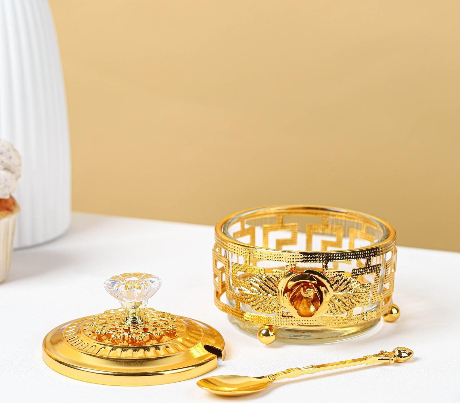 Сахарница «Роза» с ложкой, 200 мл, 9×10 см, цвет золотой