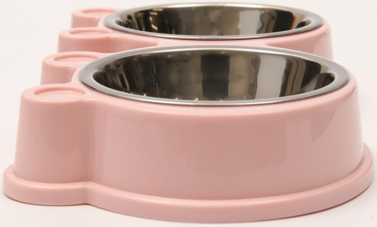 Миска металлическая двойная на пластиковой основе 2 х 160 мл, 27,8 х 15,5 х 4 см, розовая