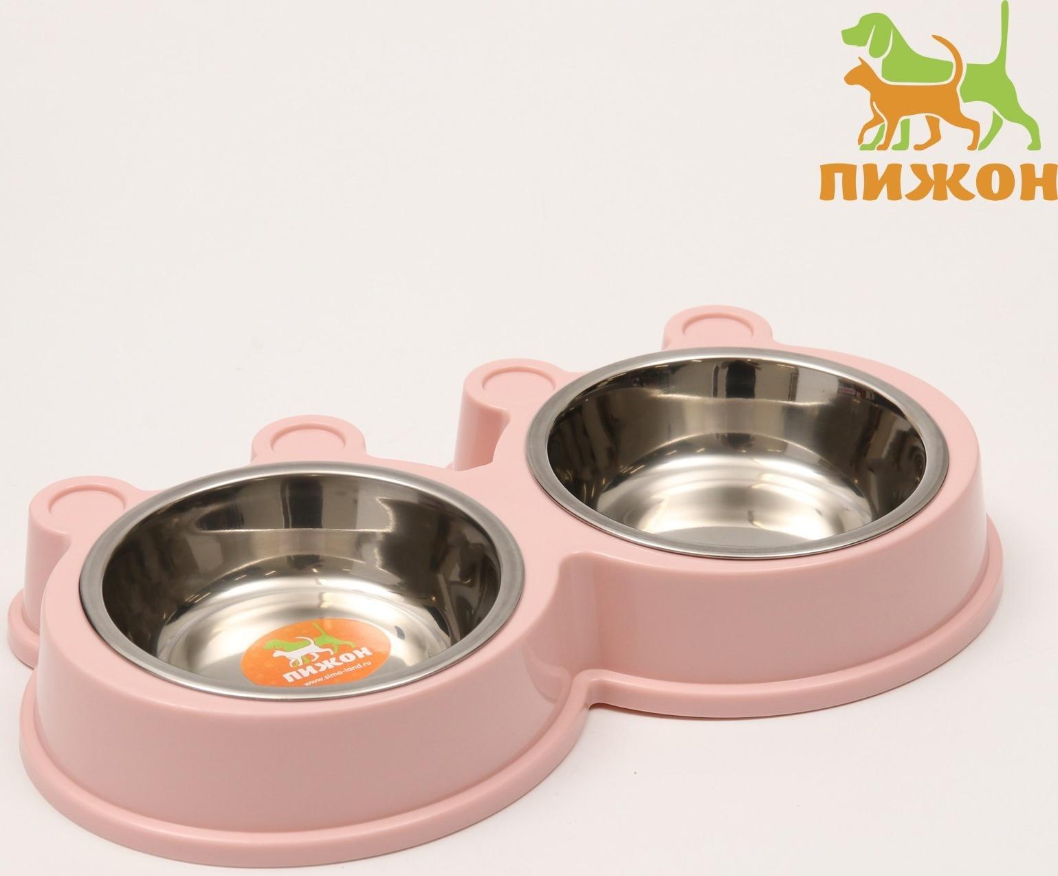 Миска металлическая двойная на пластиковой основе 2 х 160 мл, 27,8 х 15,5 х 4 см, розовая