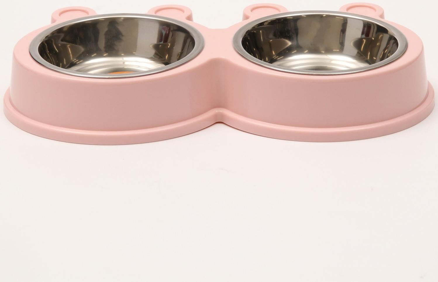 Миска металлическая двойная на пластиковой основе 2 х 160 мл, 27,8 х 15,5 х 4 см, розовая