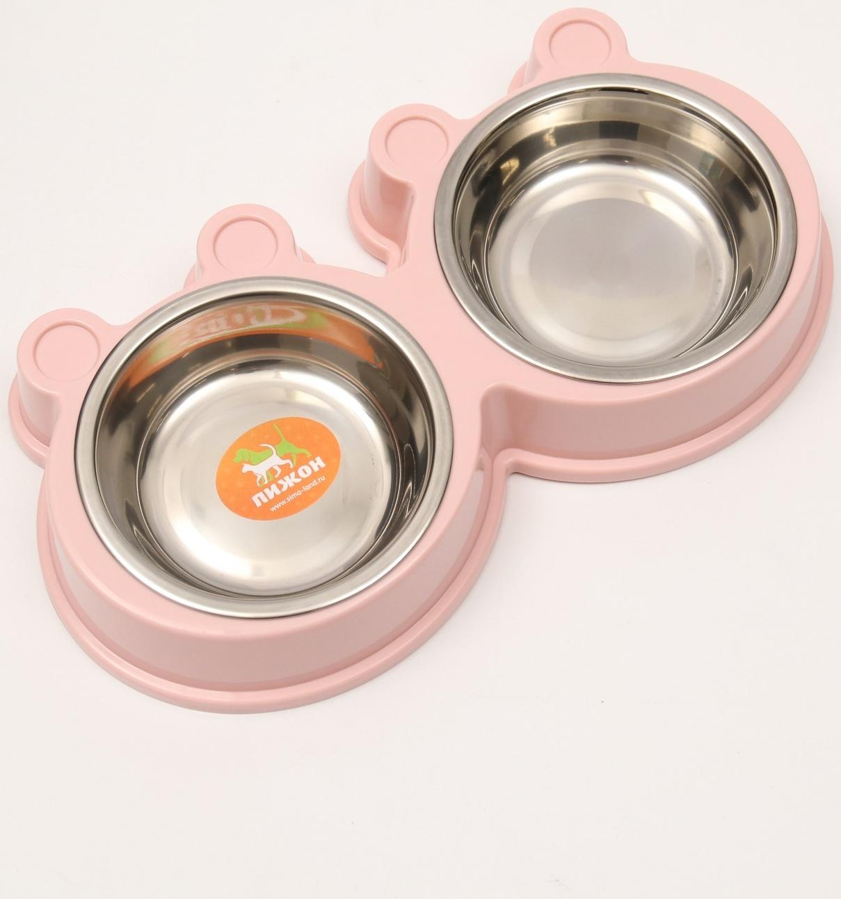 Миска металлическая двойная на пластиковой основе 2 х 160 мл, 27,8 х 15,5 х 4 см, розовая