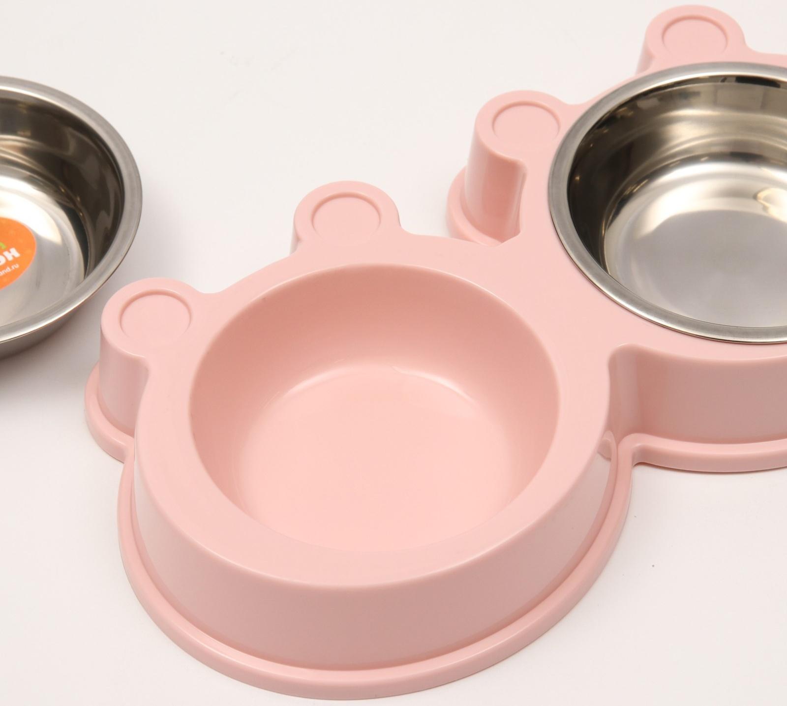 Миска металлическая двойная на пластиковой основе 2 х 160 мл, 27,8 х 15,5 х 4 см, розовая