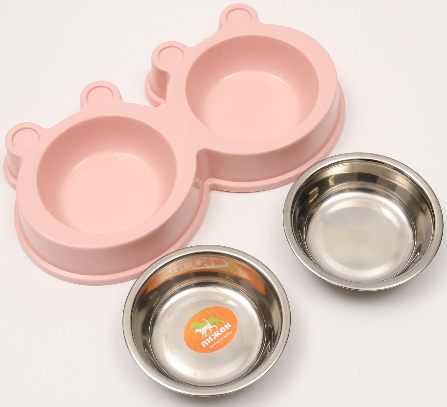 Миска металлическая двойная на пластиковой основе 2 х 160 мл, 27,8 х 15,5 х 4 см, розовая