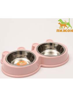 Миска металлическая двойная на пластиковой основе 2 х 160 мл, 27,8 х 15,5 х 4 см, розовая