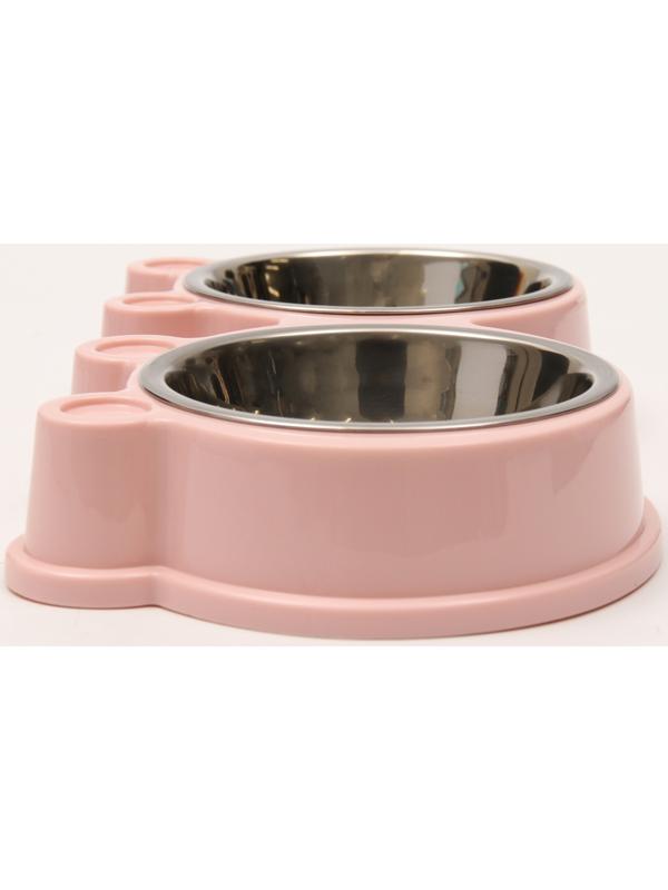 Миска металлическая двойная на пластиковой основе 2 х 160 мл, 27,8 х 15,5 х 4 см, розовая