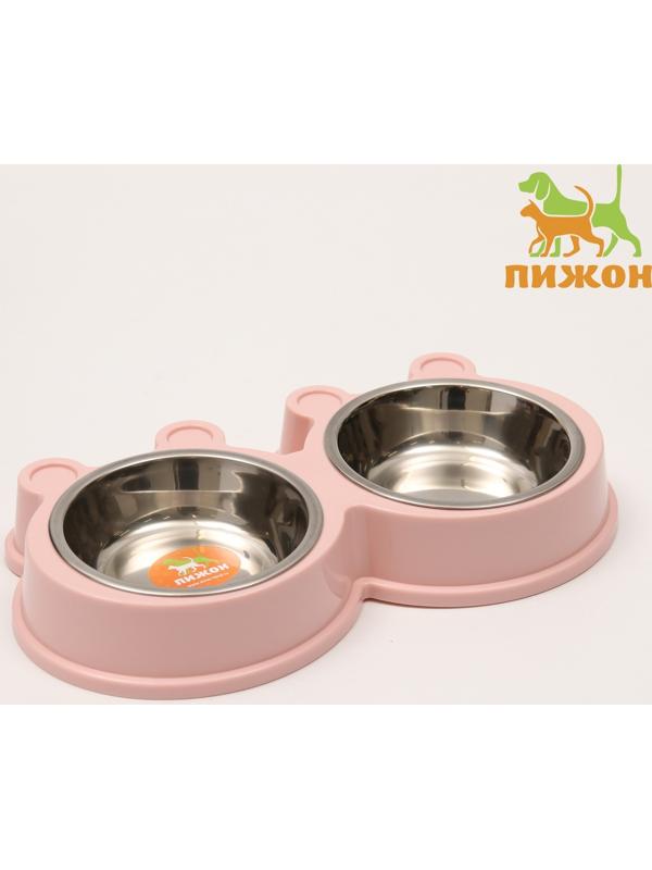 Миска металлическая двойная на пластиковой основе 2 х 160 мл, 27,8 х 15,5 х 4 см, розовая