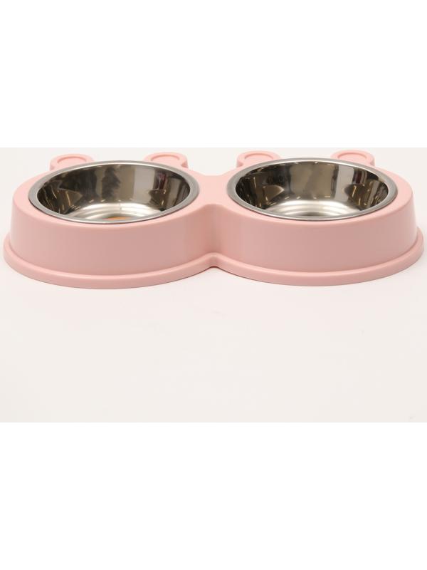 Миска металлическая двойная на пластиковой основе 2 х 160 мл, 27,8 х 15,5 х 4 см, розовая