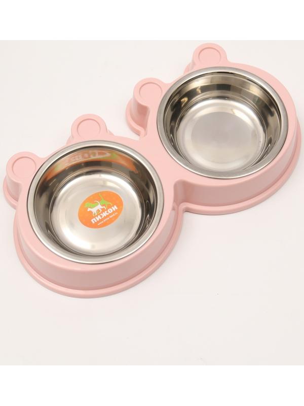Миска металлическая двойная на пластиковой основе 2 х 160 мл, 27,8 х 15,5 х 4 см, розовая