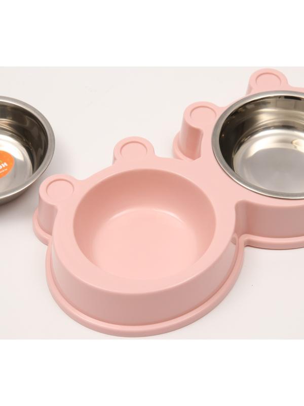 Миска металлическая двойная на пластиковой основе 2 х 160 мл, 27,8 х 15,5 х 4 см, розовая