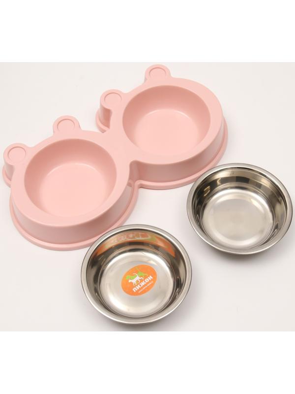 Миска металлическая двойная на пластиковой основе 2 х 160 мл, 27,8 х 15,5 х 4 см, розовая