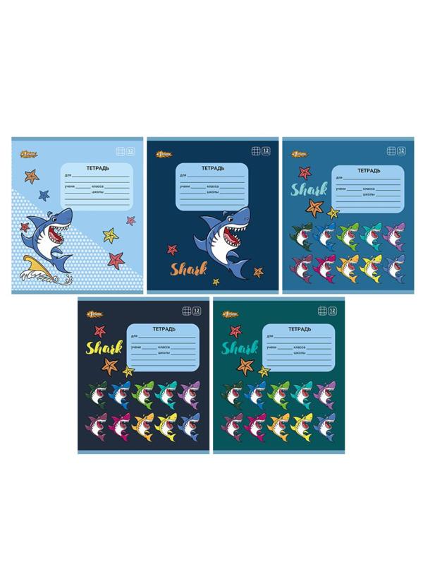 Тетрадь школьная А5 12л №1School Shark клет,скреп,ВД-лак,в асс