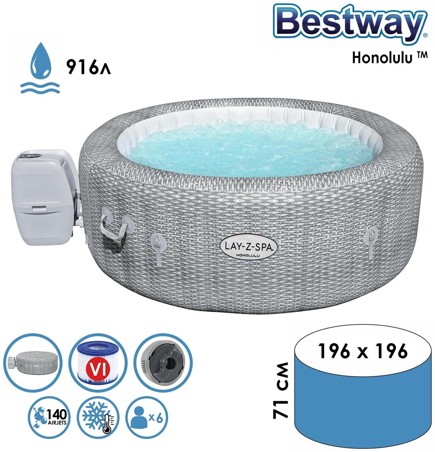 SPA бассейн Honolulu, 196 х 71 см, фильтр-насос, тент, дозатор для химии, аэромассаж, 60019 Bestway