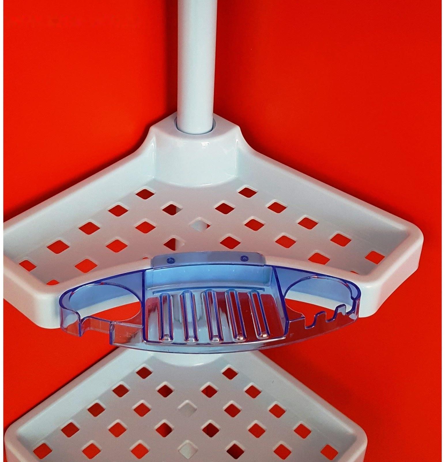 Угловая полка, пластиковая трубка, 4 полки, 2 крючка, 2 голубые мыльницы, цвет голубой