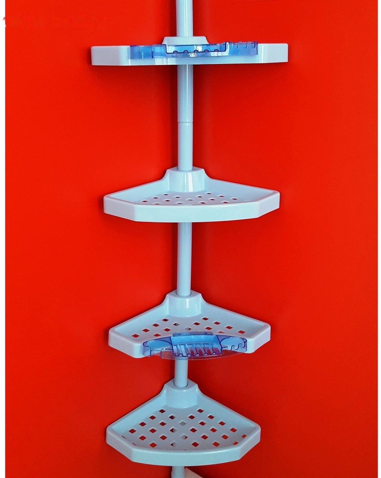 Угловая полка, пластиковая трубка, 4 полки, 2 крючка, 2 голубые мыльницы, цвет голубой