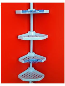 Угловая полка, пластиковая трубка, 4 полки, 2 крючка, 2 голубые мыльницы, цвет голубой