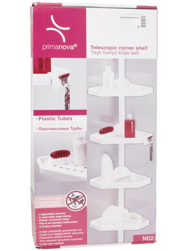 Угловая полка, телескопическая пластиковая трубка, 4 полки, 2 крючка