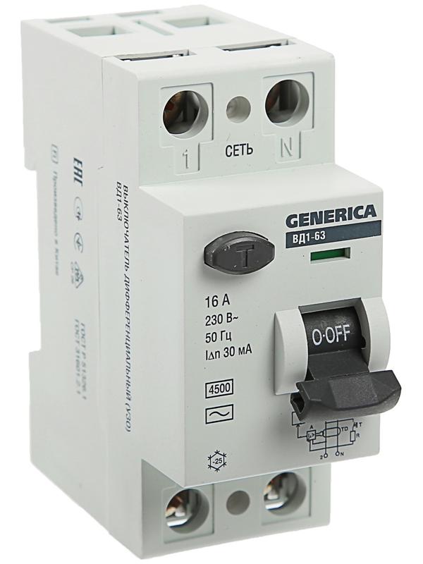 УЗО IEK GENERICA, ВД1-63, 2п, 16 А, 30 мА, MDV15-2-016-030