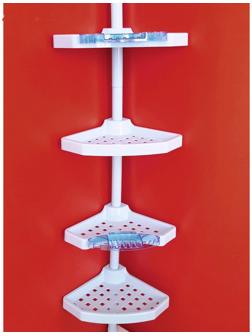 Угловая полка, пластиковая трубка, 4 полки, 2 крючка, 2 голубые мыльницы, цвет белый