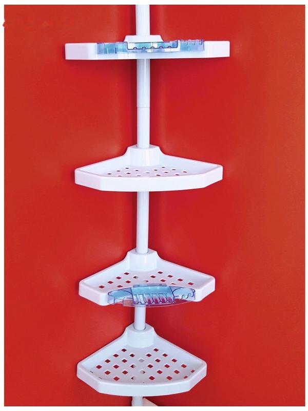 Угловая полка, пластиковая трубка, 4 полки, 2 крючка, 2 голубые мыльницы, цвет белый