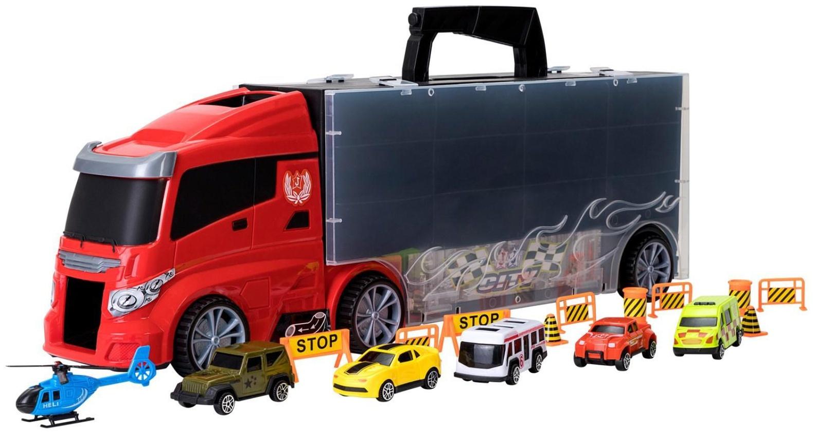 Автовоз - кейс 51,5 см, с тоннелем, 4 машинки, 1 автобус, 1 вертолет и 10 дорожных знаков